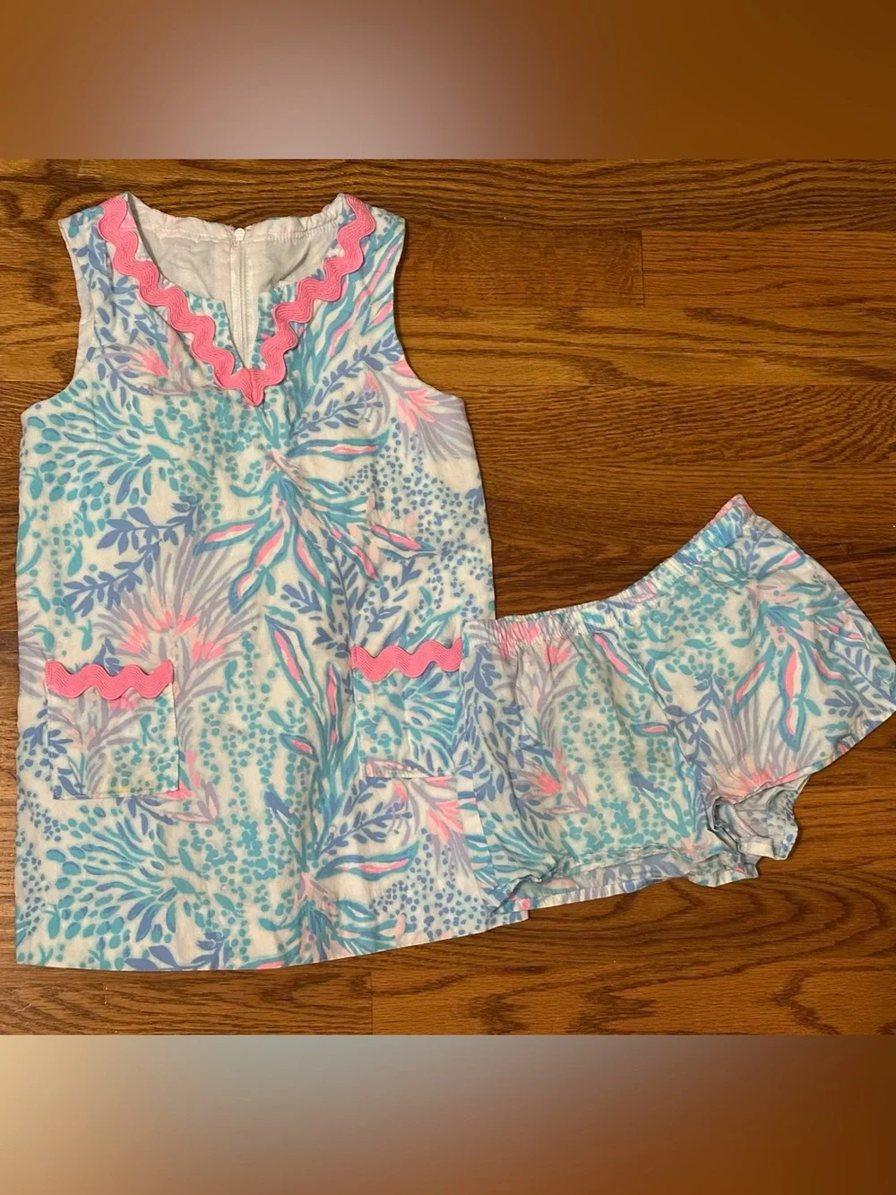 Girls Floral Summer Dress & Bloomers in Aqua and Pink